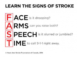 Face is it drooping? Arms can you raise both? Speech is it slurred or jumbled? Time to call 9-1-1 right away!