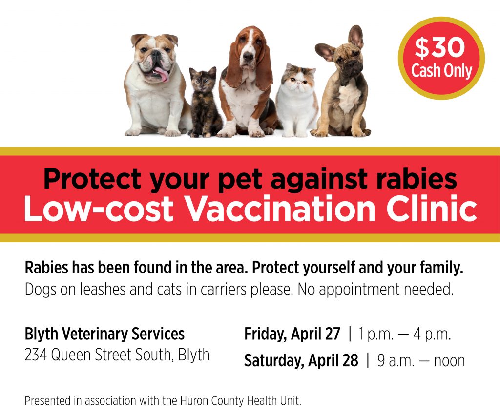 Protect your pet against rabies. Low-cost Vaccination Clinic held at Blyth Veterinary Services. April 27 & 28. Cost $30