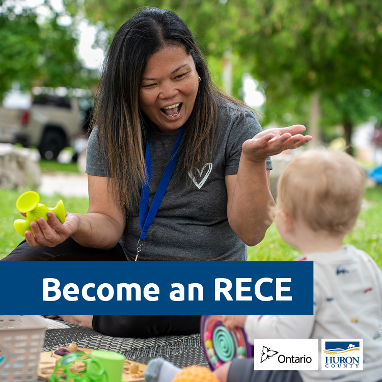 A child care centre worker interacting with a child and smiling and a text box that says Become an RECE